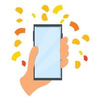 Hand holding smartphone with abstract shapes appearing from the screen vector
