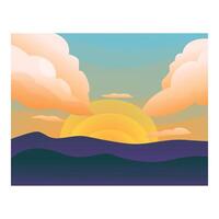 Big sun setting behind mountains with orange and teal sky and clouds vector