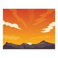 The sun setting behind a mountain range with a vivid orange sky vector