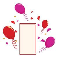 Colorful balloons floating around a blank white frame with falling confetti vector
