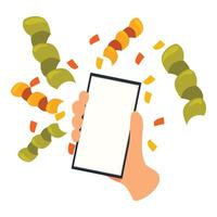 Hand holding smartphone with confetti exploding from screen vector