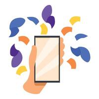 Person holding smartphone with creative abstract shapes appearing from the screen vector