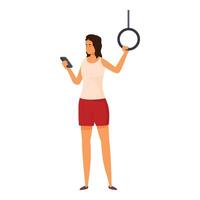 Young woman is commuting while using her smartphone and holding a handrail vector