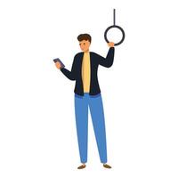 Young man using smartphone while standing on a bus or train vector