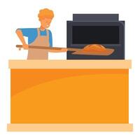 Baker putting bread loaf into oven using wooden peel vector
