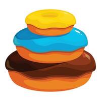 Stack of three donuts with chocolate, blue and yellow icing making a delicious dessert vector