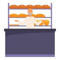 Senior baker showing pastry selection in bakery shop vector