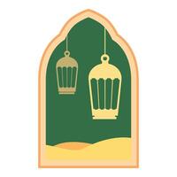 Two arabic lanterns hanging in the window overlooking the desert vector