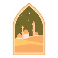 Mosque appearing through ornamented window at night with crescent moon vector