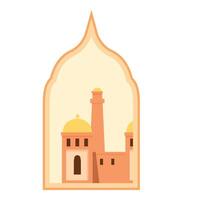 Mosque building appearing through traditional arabic window frame vector
