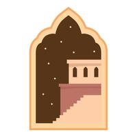 Traditional arabic architecture building showing at night through window frame vector