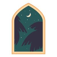 Arched window showing crescent moon over palm trees at night vector