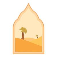 Ornate arabian window framing a serene desert oasis with palm trees vector