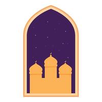 Islamic mosque building showing at night through window frame vector