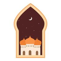 Mosque appearing through ornamented window at night with stars and crescent moon vector