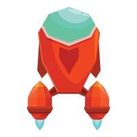 Red cartoon spaceship flying with blue flames from its engines vector