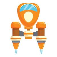 Cartoon spaceship flying through space with blue engines firing vector