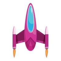 Pink spaceship flying with burning engines, space exploration program vector