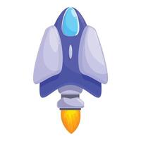 Cartoon spaceship flying with fire propelling it forward vector