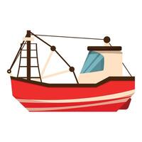 Red fishing boat floating on water with empty deck vector