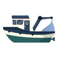 Small fishing boat lifting net full of fish on white background vector