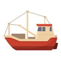 Red fishing boat floating on water with empty cargo hold vector