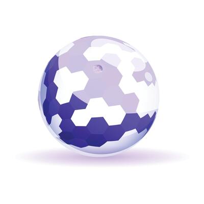 Abstract sphere composed of shiny blue hexagons on white background
