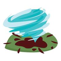 Blue tornado touching down on green field leaving dirt trail vector