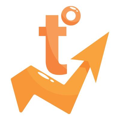 Orange arrow pointing up representing growing trend with letter t
