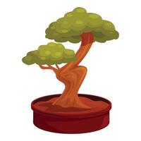 Lush green bonsai tree with a curved trunk growing in a pot vector