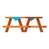 Wooden picnic table with blue tablecloth standing on white background vector