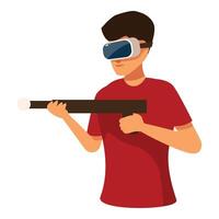 Man experiencing virtual reality game world using headset and gun controller vector
