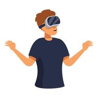 Young man exploring virtual reality using vr headset vector