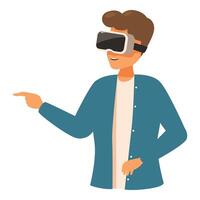 Young man wearing vr headset exploring virtual reality and pointing finger vector