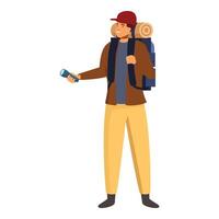 Smiling tourist holding flashlight and exploring new place vector