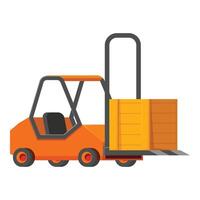 Orange forklift is carrying a big wooden box on a white background vector