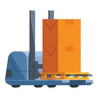 Electric loader lifting cardboard boxes on wooden pallet in warehouse vector