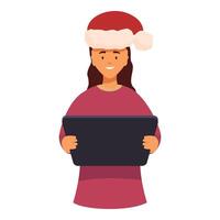 Smiling woman is using a digital tablet while wearing a santa hat vector