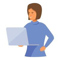 Smiling woman is holding a laptop while working from home vector