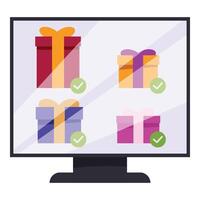 Computer screen showing gift boxes with check marks for online shopping and ecommerce vector