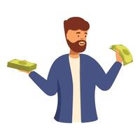 Happy man holding money and choosing between two options vector