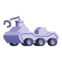 Futuristic exploration vehicle with mechanical arm navigating unknown terrain vector