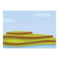 Green hills forming steps descending towards a blue lake under a cloudy sky vector