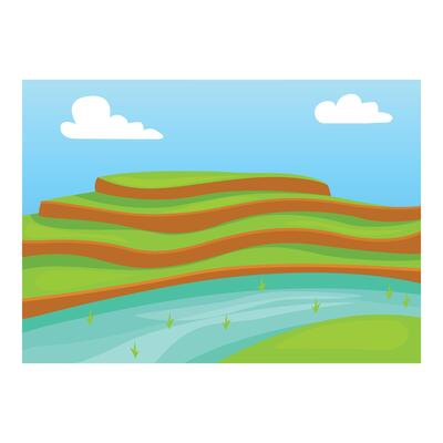 Beautiful river flowing through green hills, summer landscape illustration