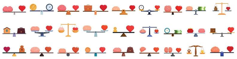 Brain heart balance icons set. Work life balance concept, brain and heart on scales icons set vector