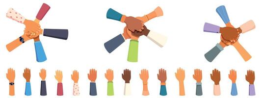 Diverse hands stack icons set. Diverse people putting hands together joining in circle showing unity and teamwork vector