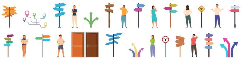 Choosing multiple directions icons set. People choosing right direction at crossroads signpost with arrows pointing different ways vector