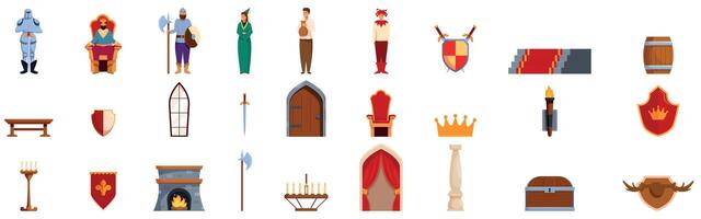 Castle hall room icons set. Medieval kingdom life with king, knight, and royal attributes vector