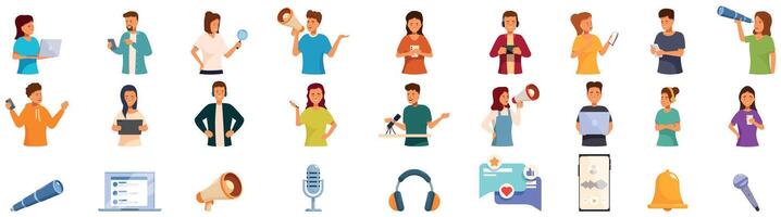 Listen social media icons set. People using technology to communicate, create content vector