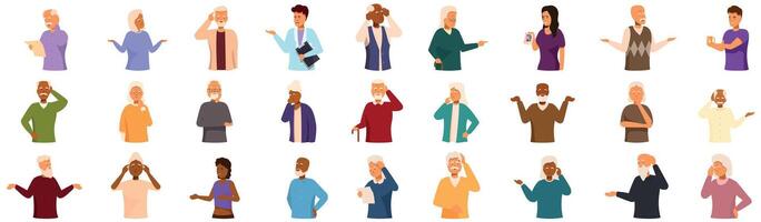 Dementia man icons set. Diverse group of seniors and caregivers expressing different emotions vector